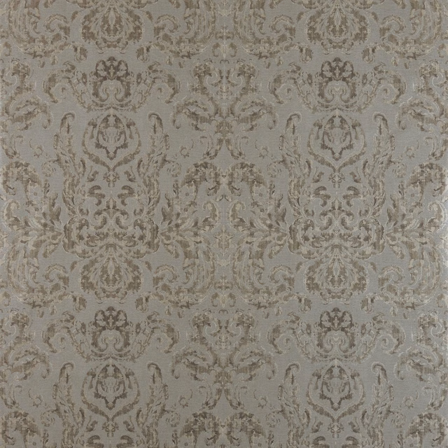 Muted blue-grey damask wallpaper with taupe-brown scrollwork and burnished medallions