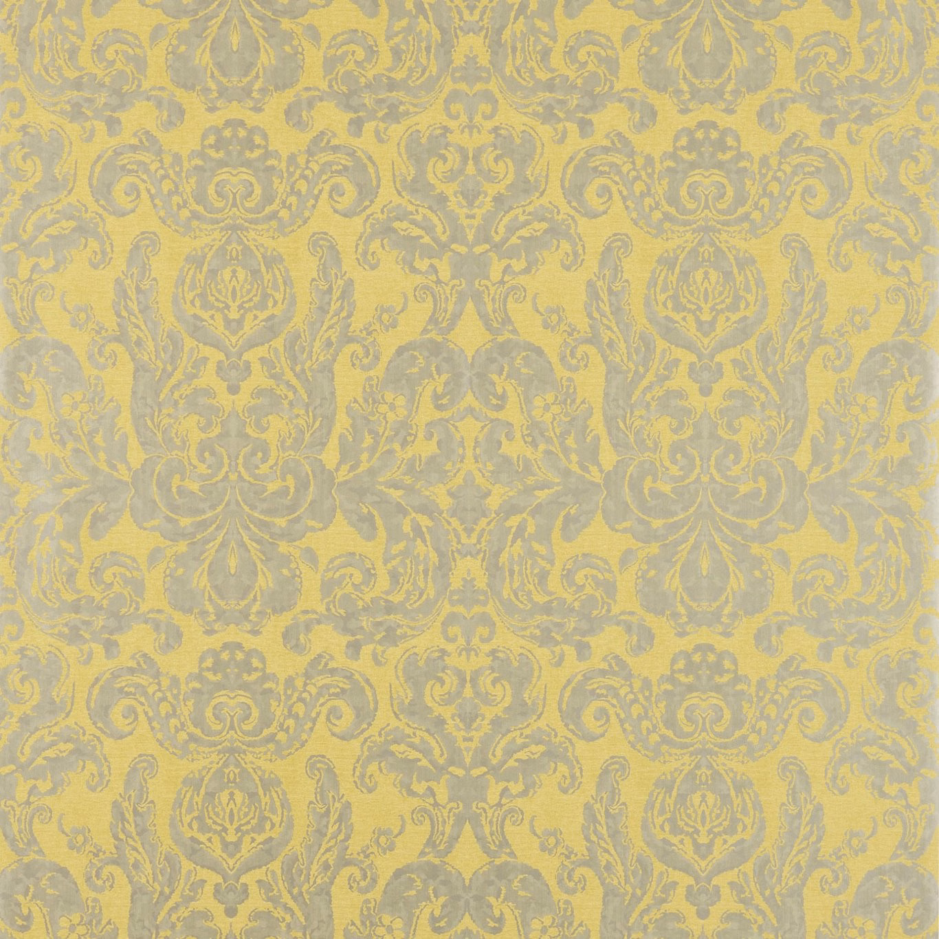 Pale mimosa-yellow wallpaper with soft grey scrolling damask and mottled surface