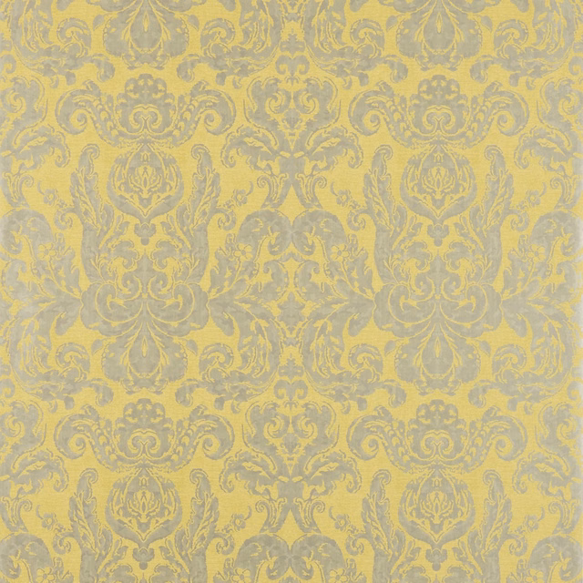 Pale mimosa-yellow wallpaper with soft grey scrolling damask and mottled surface