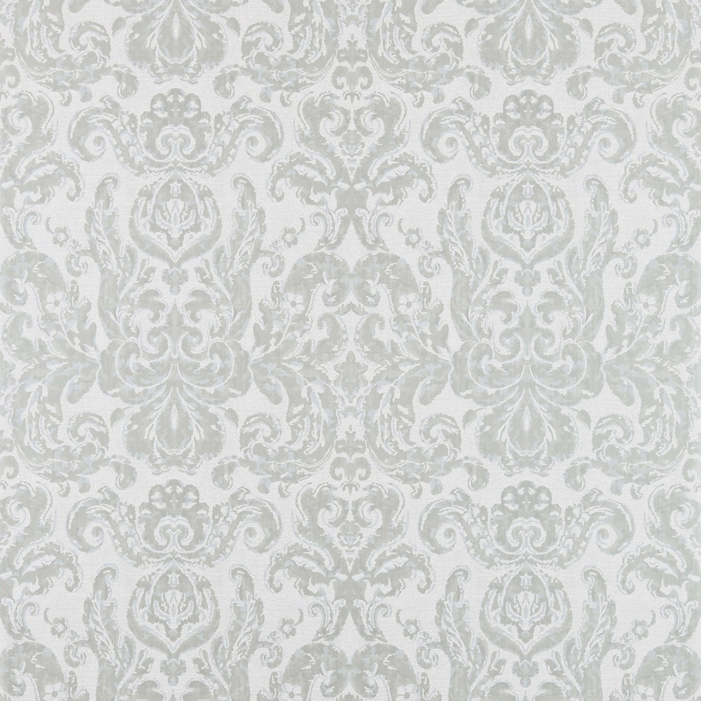 Pale silver-grey damask wallpaper with scrolling acanthus and medallion motifs