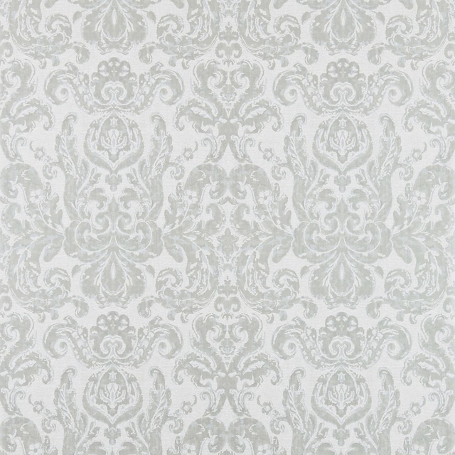 Pale silver-grey damask wallpaper with scrolling acanthus and medallion motifs