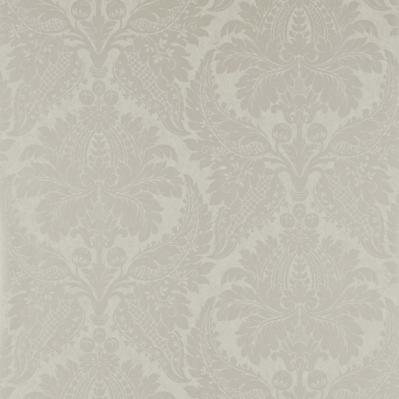 Pale chalk-grey damask with scrolling acanthus leaves and delicate tonal detail