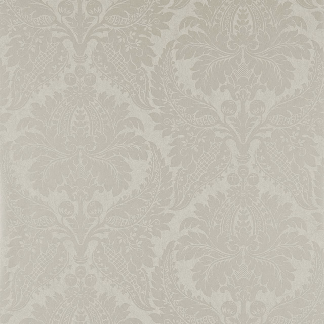 Pale chalk-grey damask with scrolling acanthus leaves and delicate tonal detail