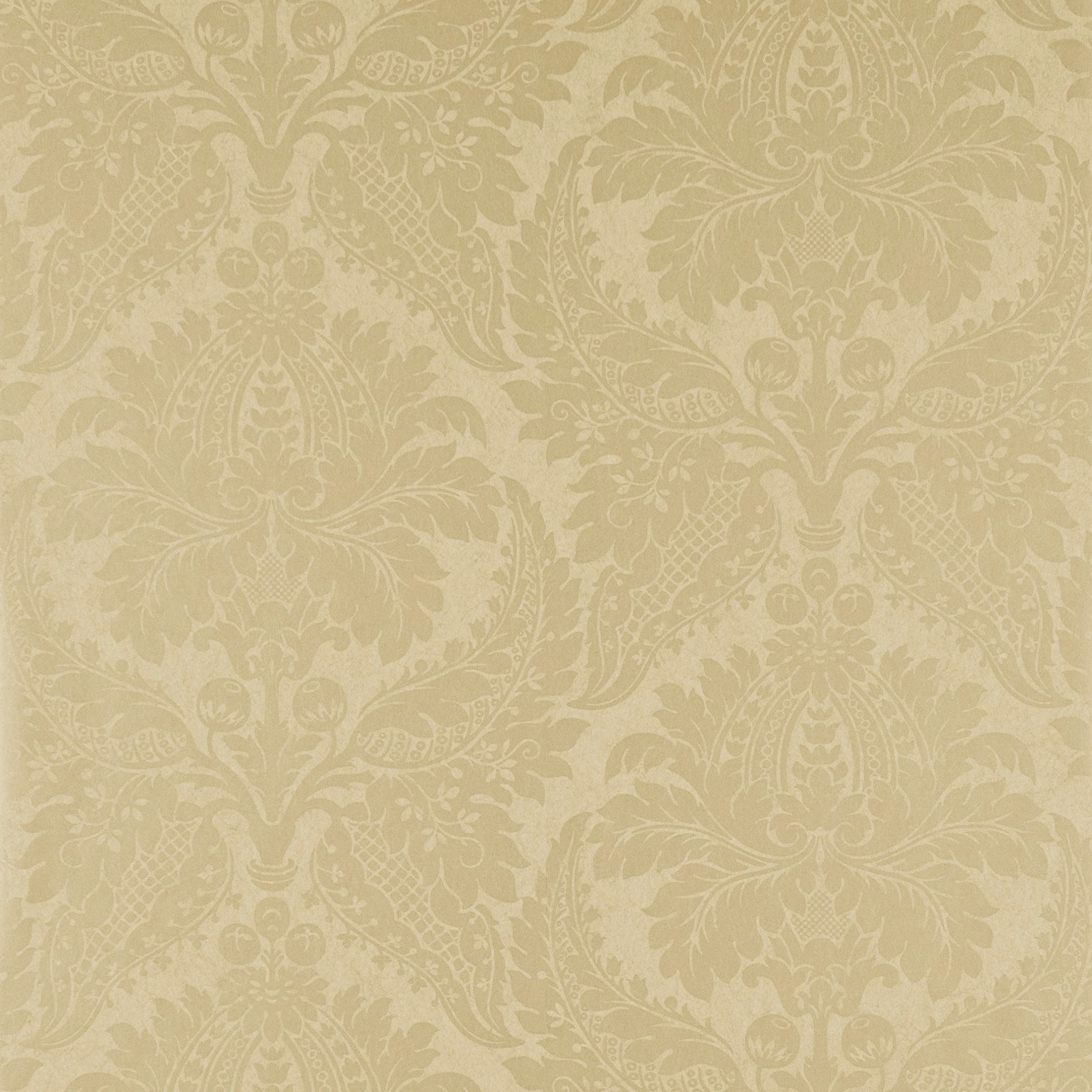 Champagne beige wallpaper with tonal floral damask scrolls and ornate medallions