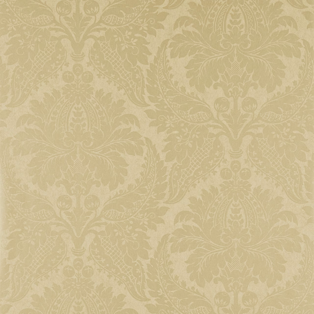 Champagne beige wallpaper with tonal floral damask scrolls and ornate medallions