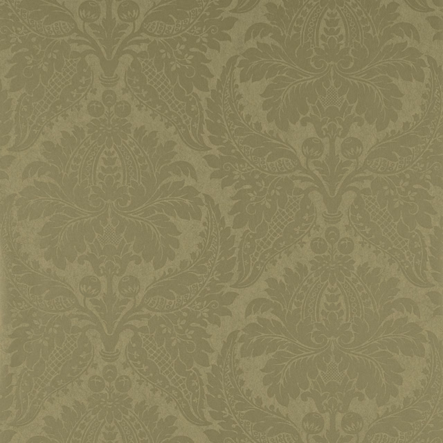 Muted olive-gold damask scrolls with softly contrasting matte ornament