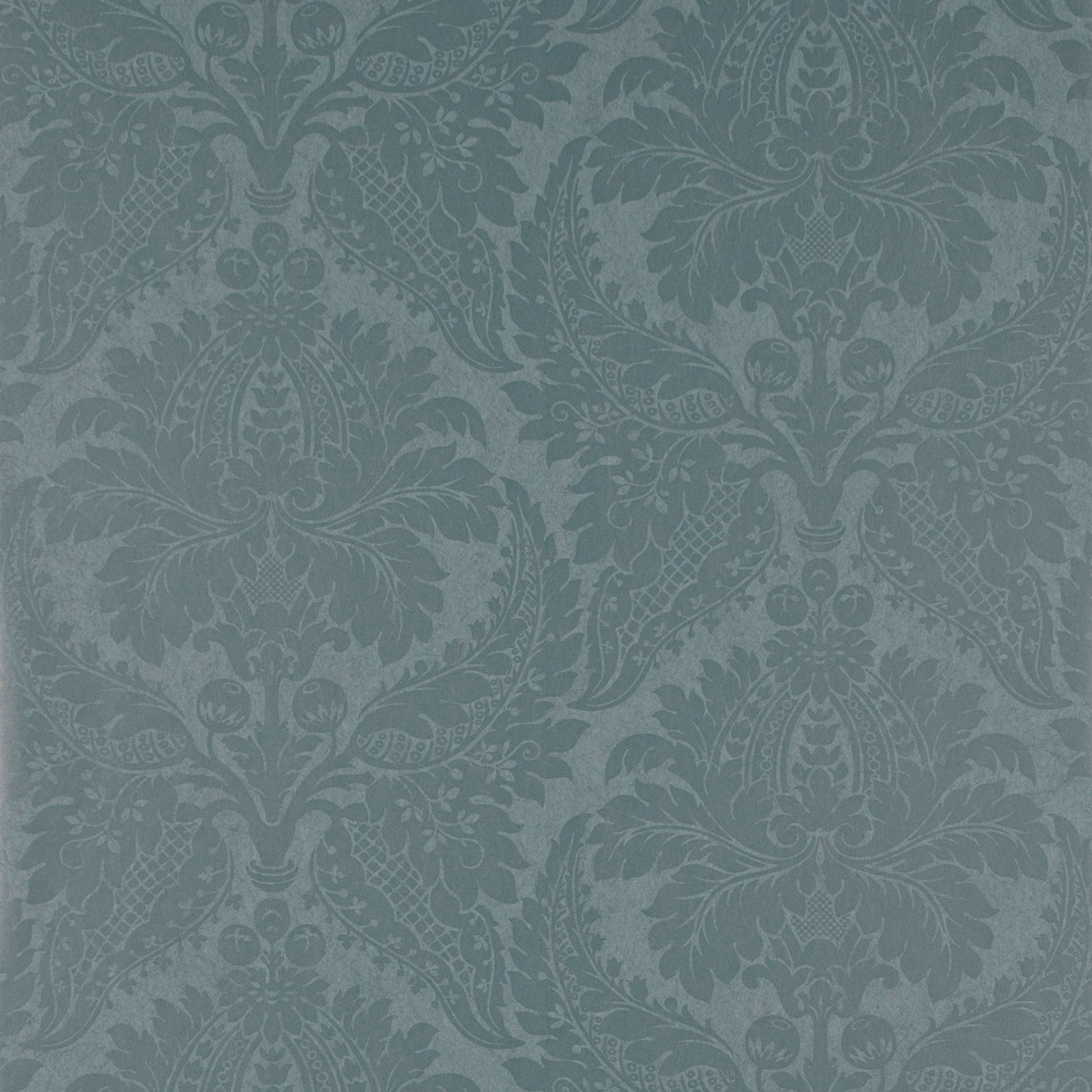 Muted blue-teal damask wallpaper with scrolling foliage and large formal floral medallions