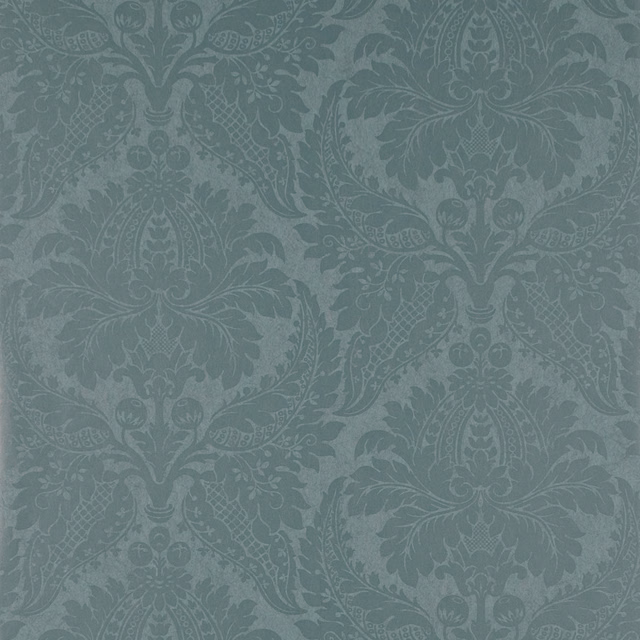 Muted blue-teal damask wallpaper with scrolling foliage and large formal floral medallions