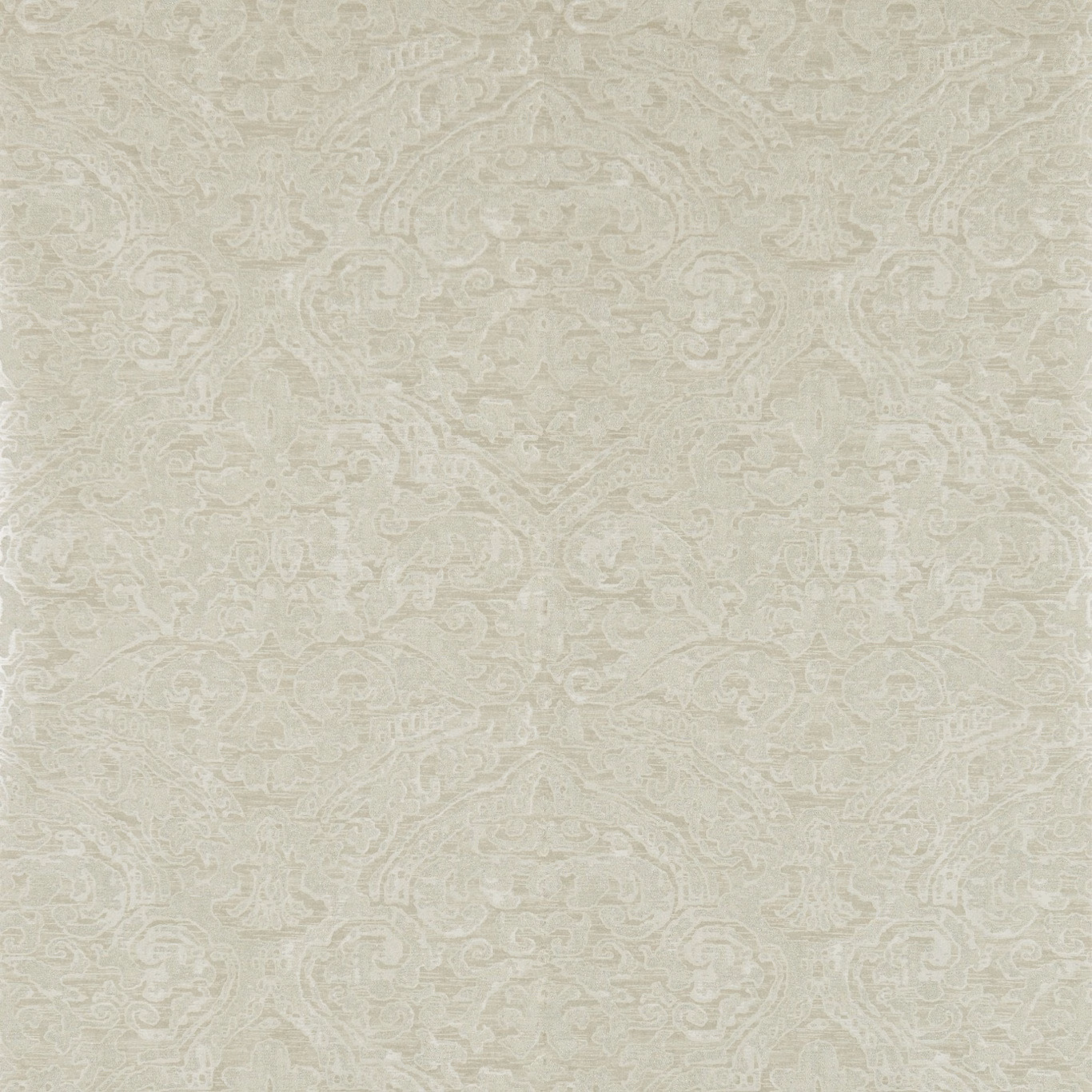 Pale sage wallpaper with low-contrast ivory scrolling damask and softly mottled texture