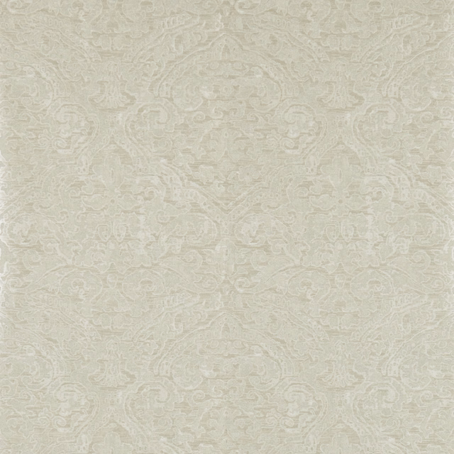 Pale sage wallpaper with low-contrast ivory scrolling damask and softly mottled texture