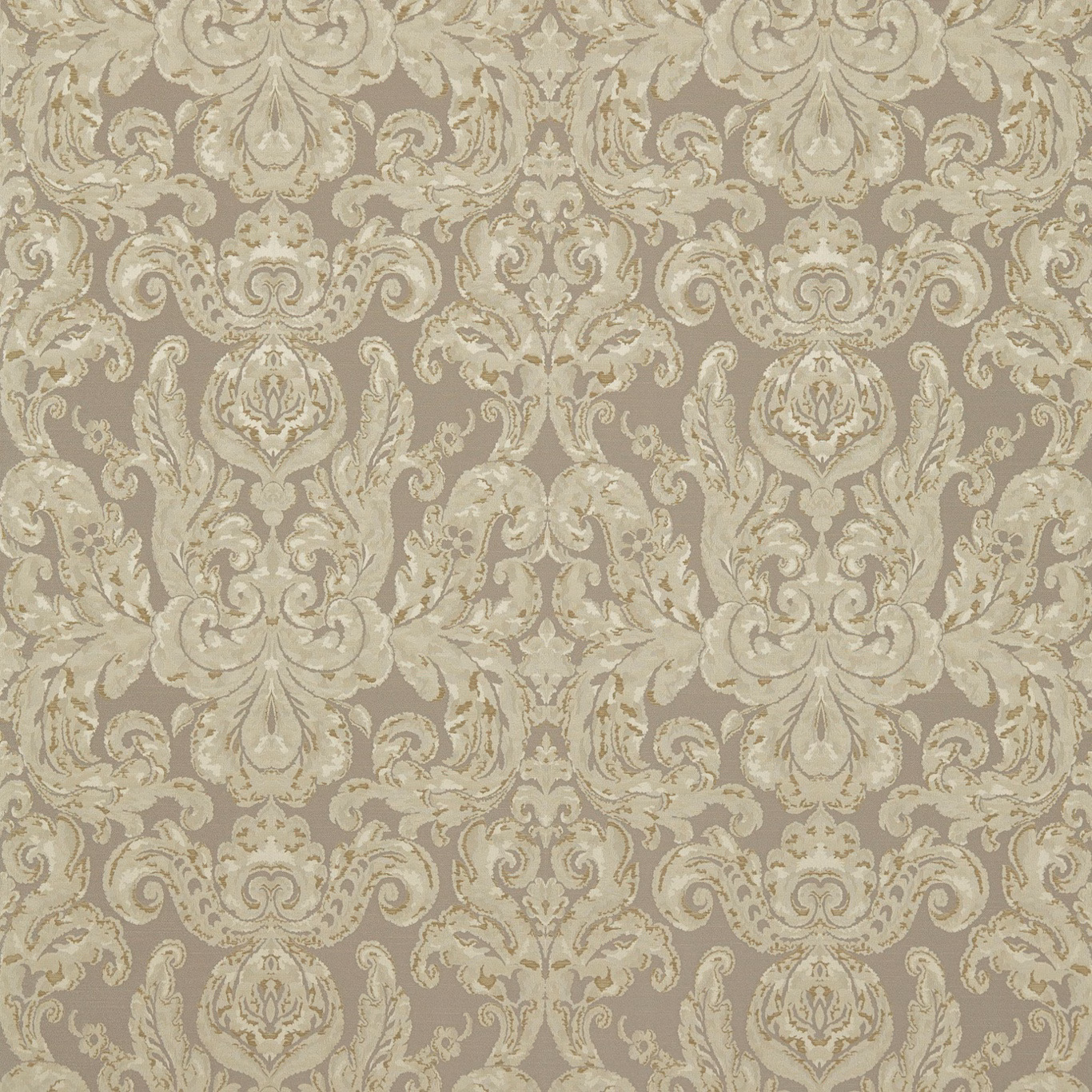 Muted taupe fabric with antique-gold scrolling damask and floral medallion motifs