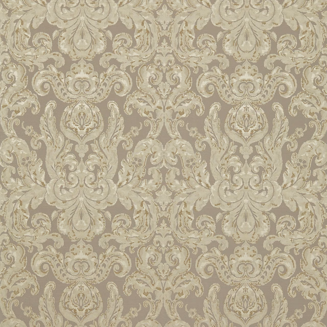 Muted taupe fabric with antique-gold scrolling damask and floral medallion motifs