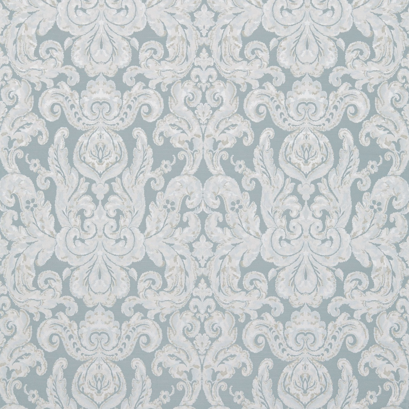 Pale blue damask swatch with ivory scrolling acanthus motifs and a woven surface