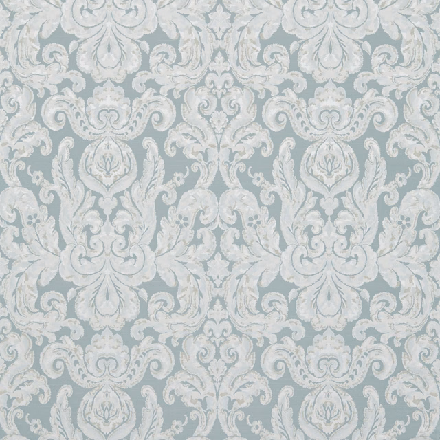 Pale blue damask swatch with ivory scrolling acanthus motifs and a woven surface