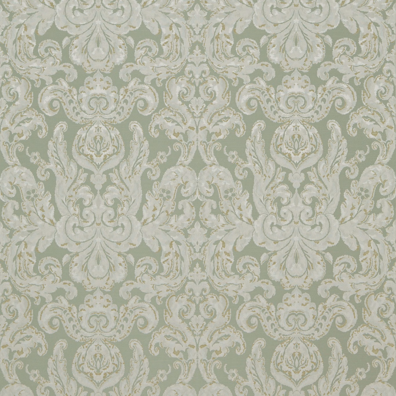 Soft sea-green damask with pale ivory scrolling leaves and ornate medallions