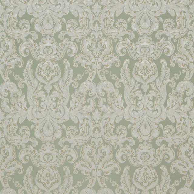 Soft sea-green damask with pale ivory scrolling leaves and ornate medallions