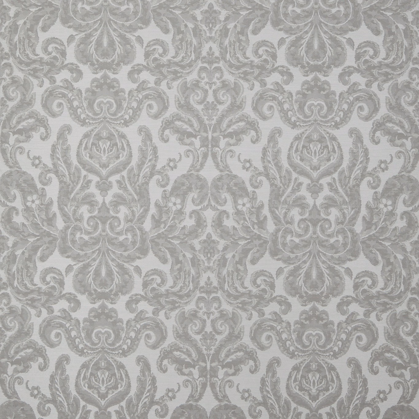 Cool silver-grey woven damask with ornate scrolling foliage and floral medallions