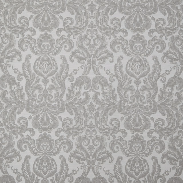 Cool silver-grey woven damask with ornate scrolling foliage and floral medallions