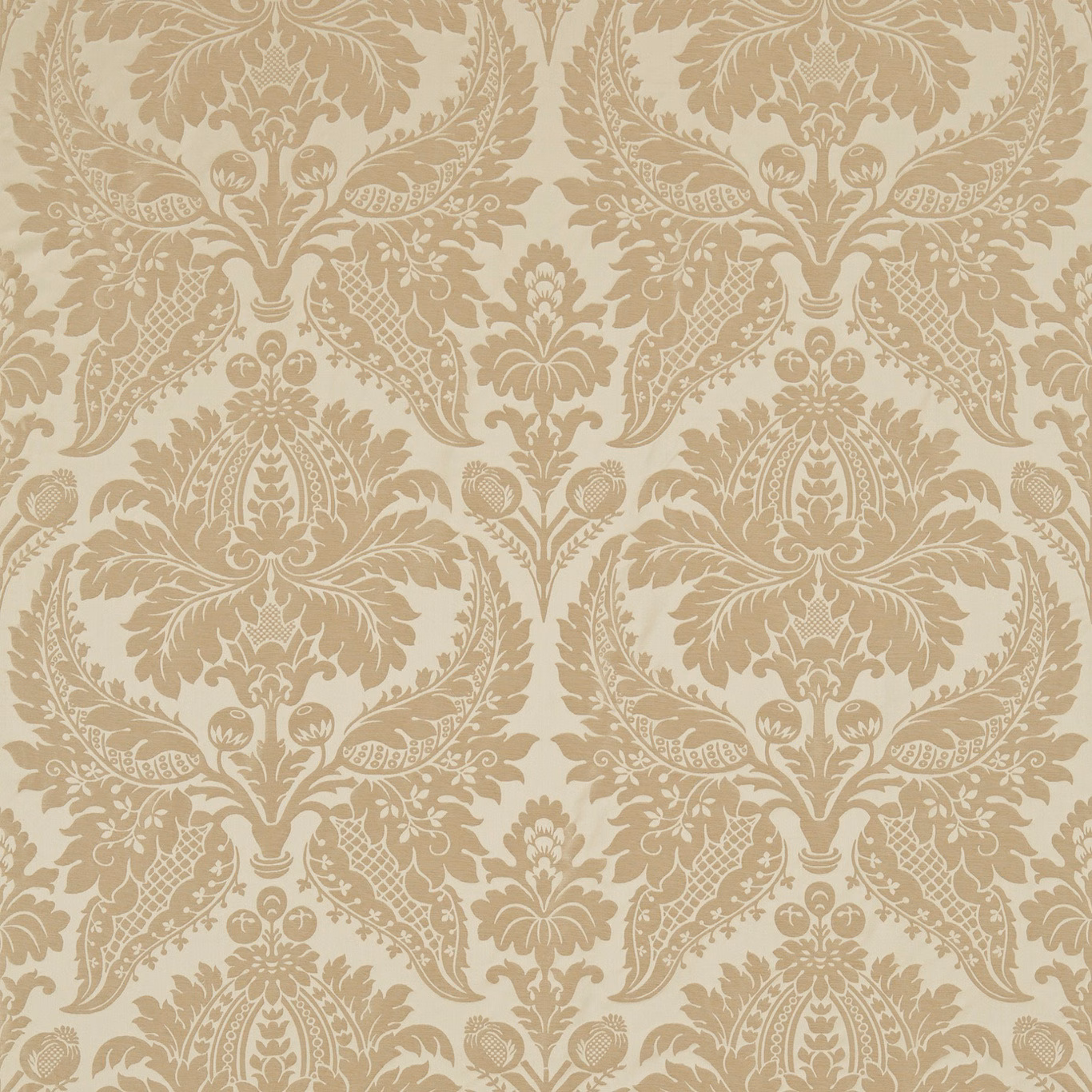Pale gold woven damask with ornate mirrored foliage on a warm ivory ground
