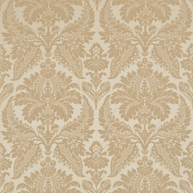 Pale gold woven damask with ornate mirrored foliage on a warm ivory ground