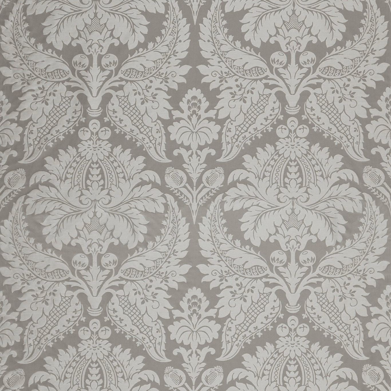 Cool silver-grey damask with pale scrolling foliage and medallion motifs