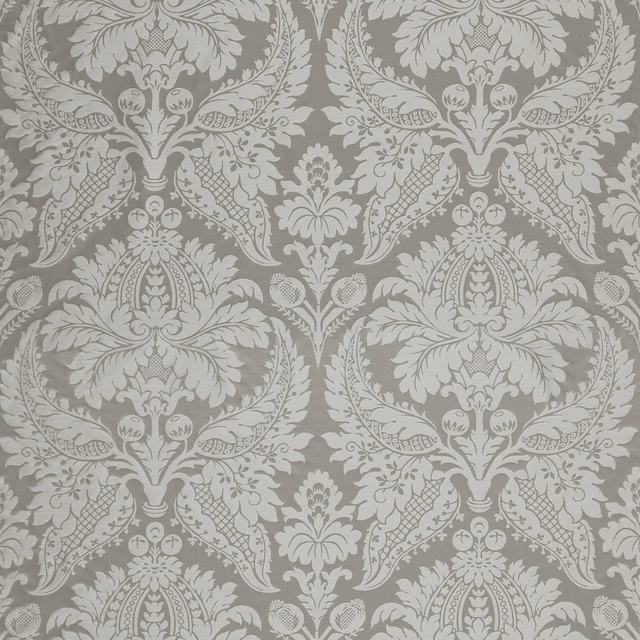 Cool silver-grey damask with pale scrolling foliage and medallion motifs