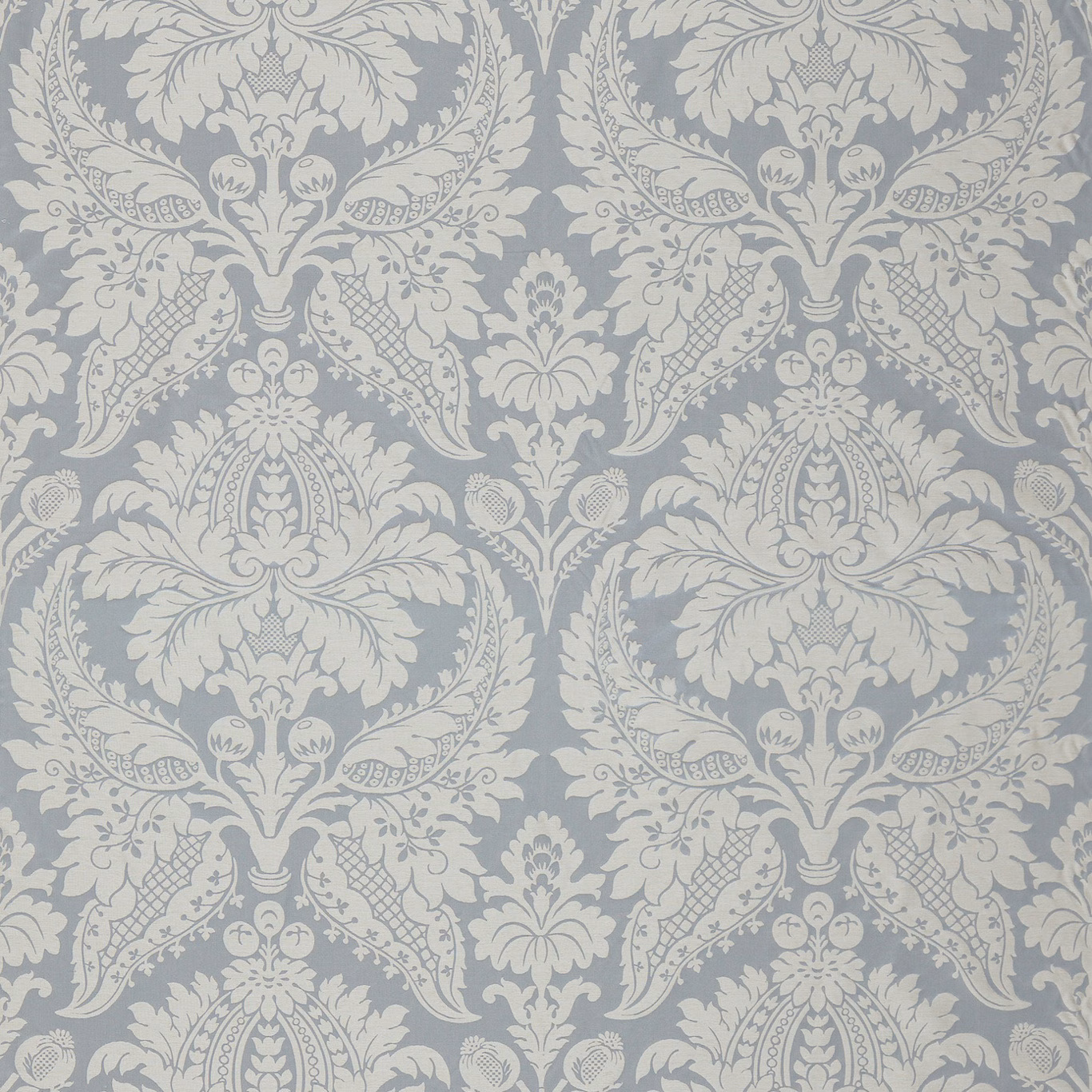 Muted Wedgwood blue-grey damask with pale ivory acanthus and fruit motifs