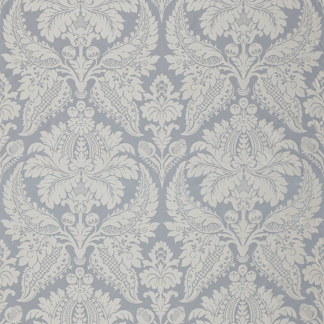 Muted Wedgwood blue-grey damask with pale ivory acanthus and fruit motifs