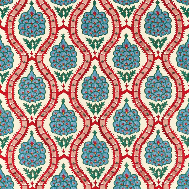 Cream ground with crimson trellis, teal floral drops and green leaf edging