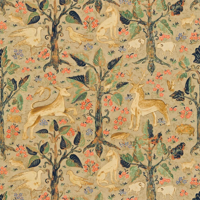 Muted beige tapestry with deer, birds, flowering trees and olive foliage