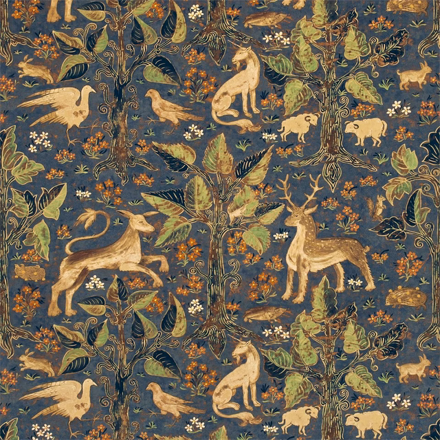Deep blue velvet with cream deer, birds and muted botanical woodland motifs