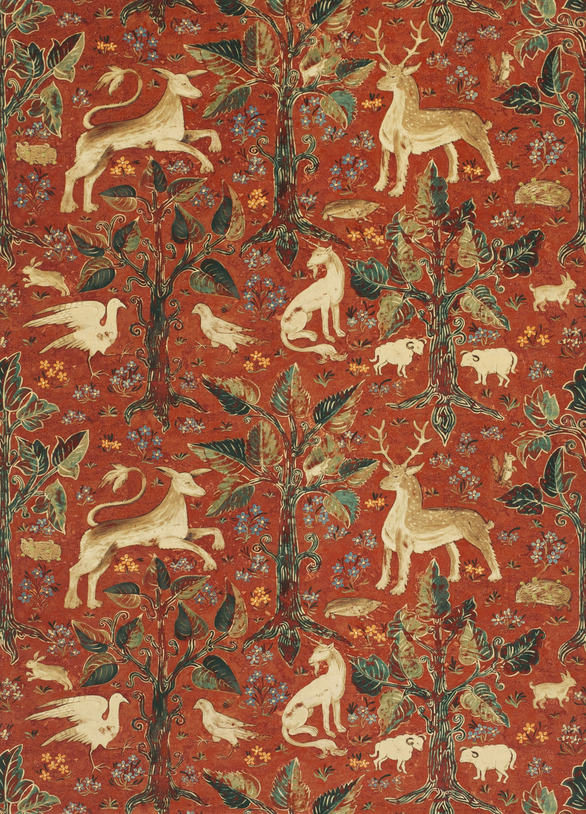 Deep Venetian red velvet with cream deer, birds and dense botanical woodland motifs