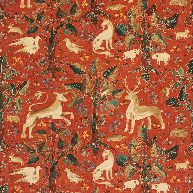 Deep Venetian red velvet with cream deer, birds and dense botanical woodland motifs