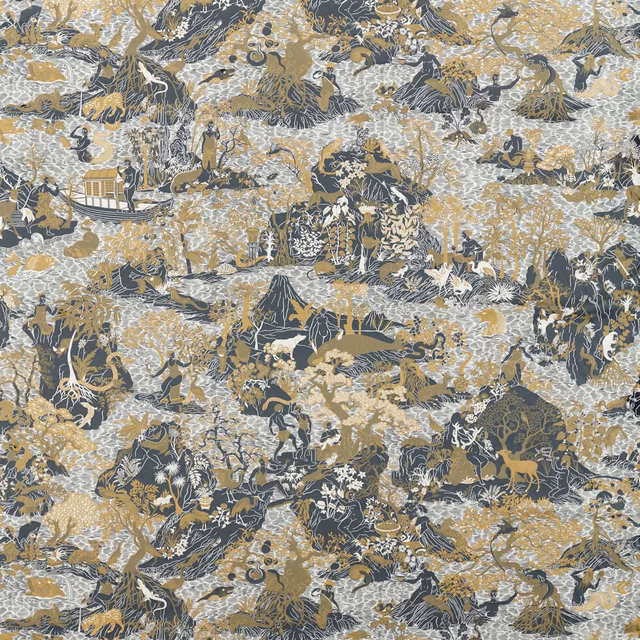 Charcoal and antique-gold woven scenic fabric with figures, animals, foliage and architectural details