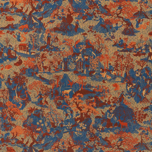 Dense blue velvet with rust, ochre and cream scenic figures and trees