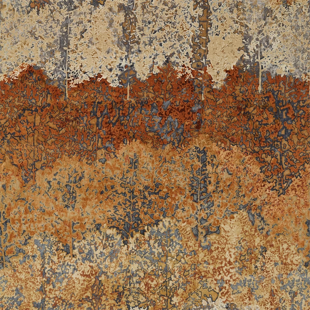 Amber and rust velvet with smoky blue, cream and dense branching foliage-like texture