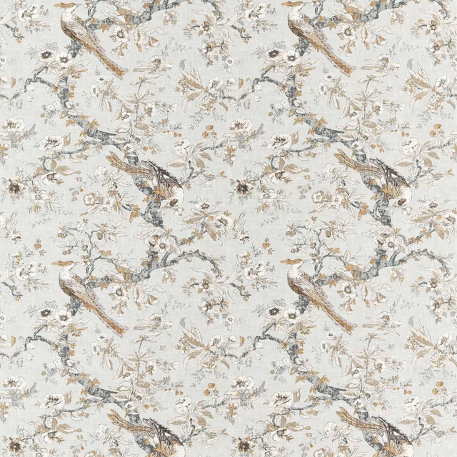 Pale quartz-grey fabric with perched birds, flowering branches and muted taupe detailing