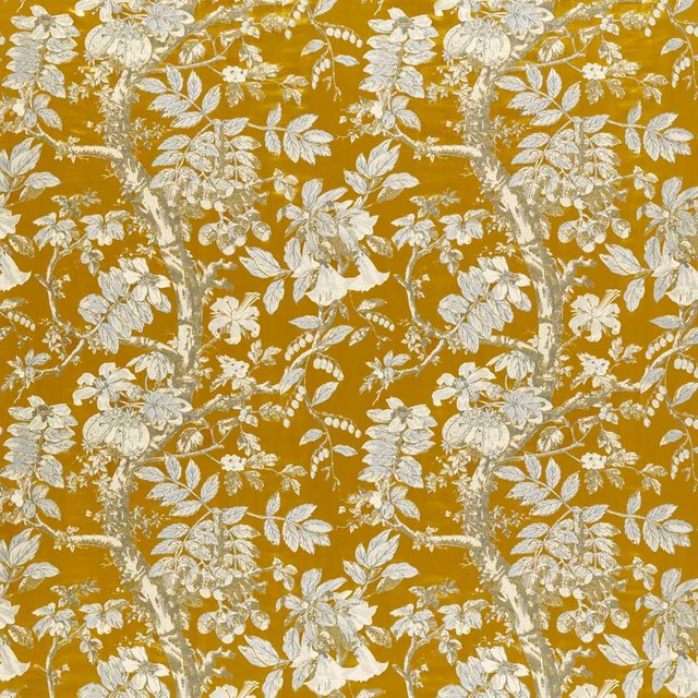 Mustard-gold woven fabric with ivory floral sprays and pale grey botanical foliage