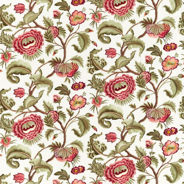 Cream fabric with olive curling stems and Tuscan pink embroidered flowers