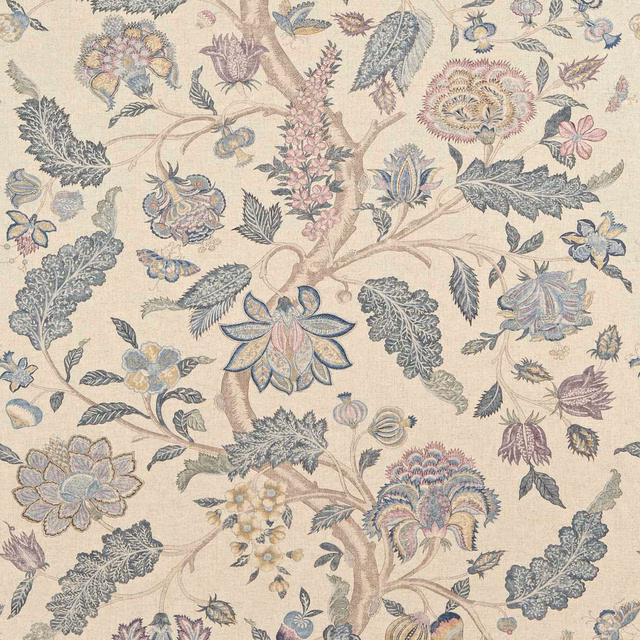 Cream floral textile with muted blue, lilac leaves, flowers and branching vines