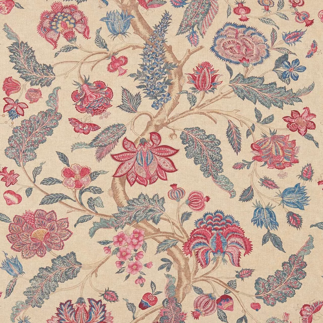 Cream floral tree pattern with indigo foliage and muted red blossoms