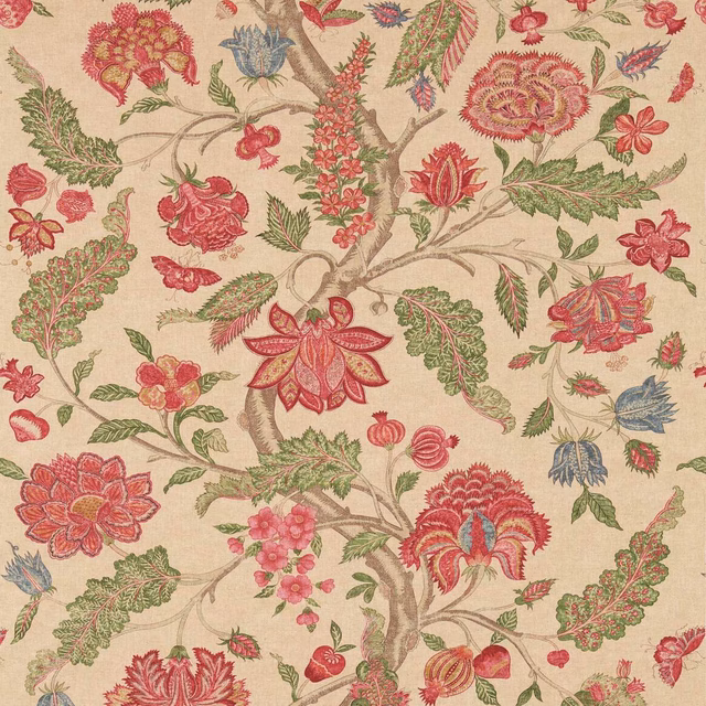 Parchment ground with crimson flowers, olive foliage and blue-grey botanical accents