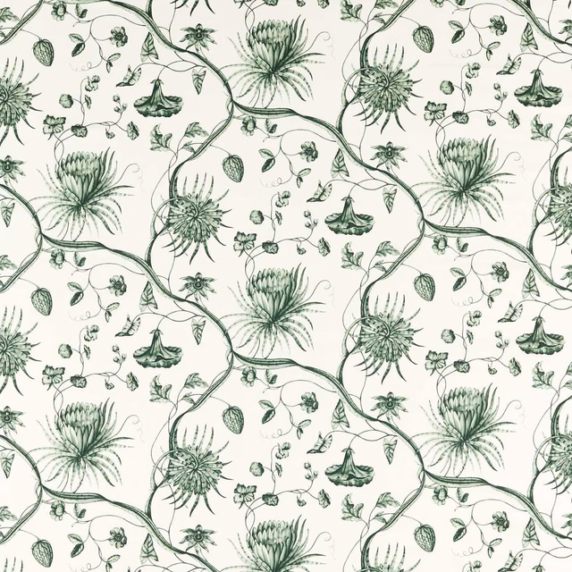 Ivory toile with muted huntsman-green thistles, curling vines and small pastoral figures