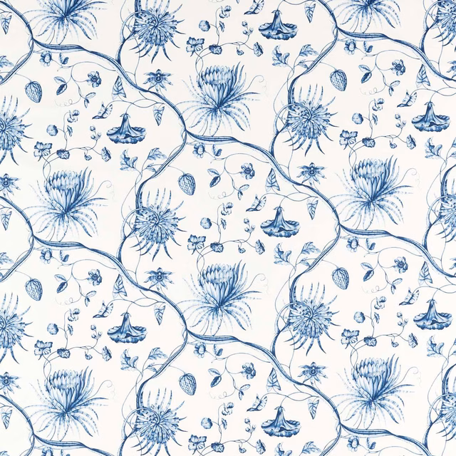 Ivory toile fabric with intricate indigo stems, thistle blooms and delicate botanical motifs