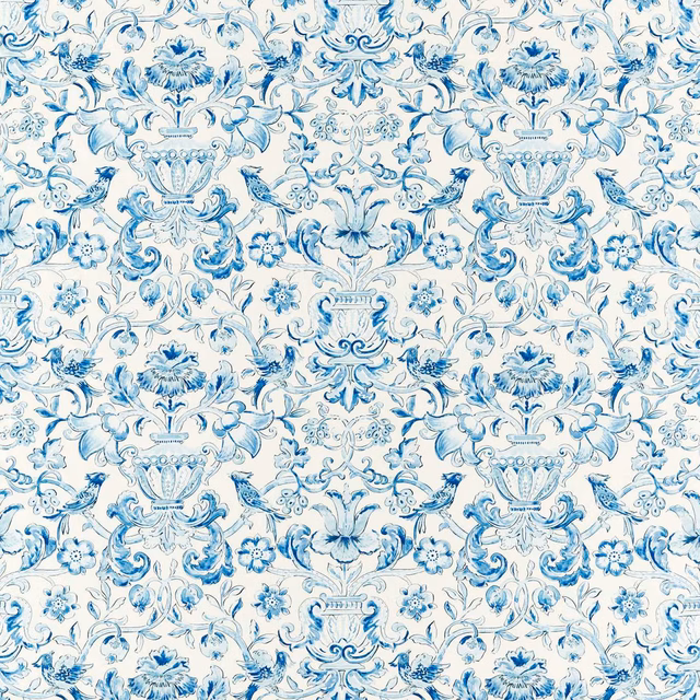 Cool indigo damask urns and flowers on a pale cream fabric ground
