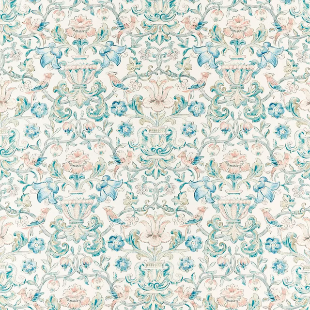 Cream floral damask with mineral teal, blue and blush scrolling motifs