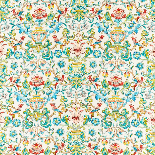 Cream floral fabric with aqua urns, sage scrolls, coral flowers and ochre accents