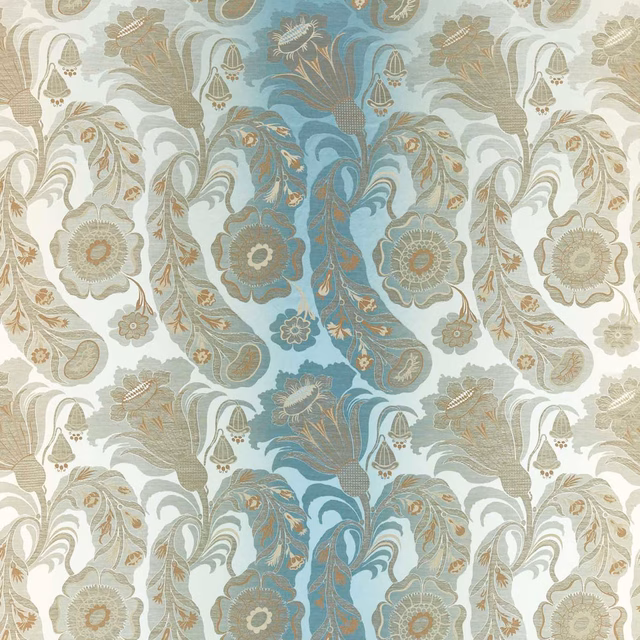 Ivory damask swatch with dusty blue columns, sage scrolls and taupe floral details