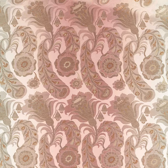 Dusty mauve damask with taupe paisleys, cream flowers and scrolling foliage