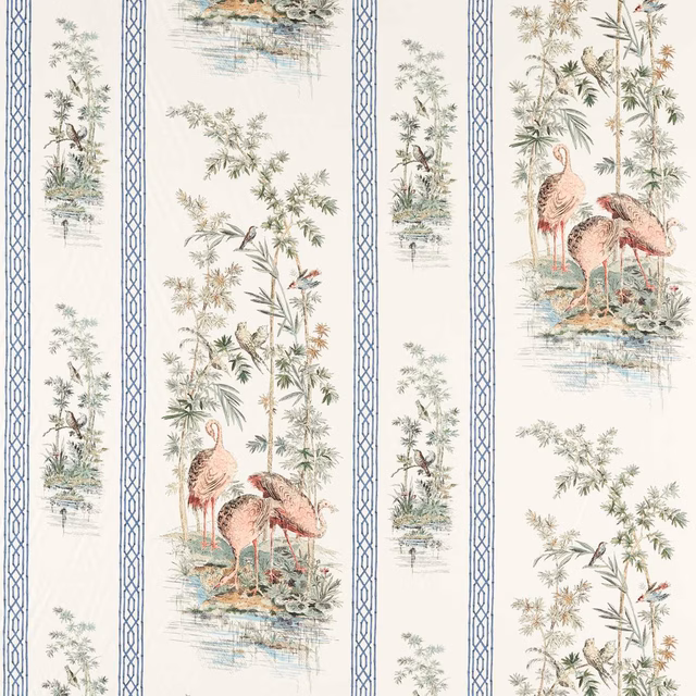 Cream textile with Tuscan pink cranes, cobalt lattice stripes and pale botanical panels